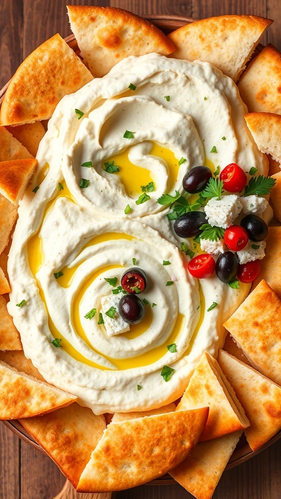 A colorful platter of hummus and tzatziki dips with pita bread wedges, garnished with olives and herbs.
